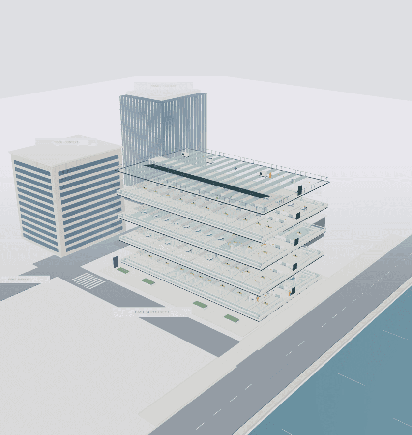 An illustrative cutaway of the sample hospital, showing its rooms and building systems.